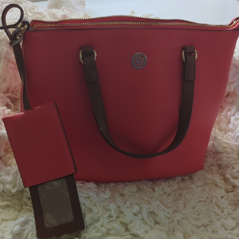 Red Tote Bag with Brown Handles and ID Holder